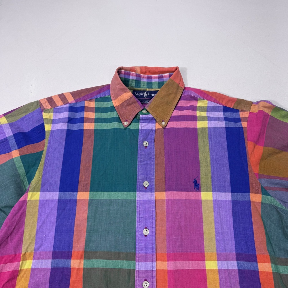 Ralph Lauren Mens Large Plaid Button Down Hand Woven Cotton Shirt VTG Easter